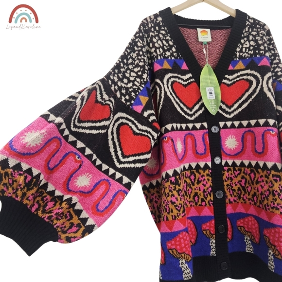 New! FARM Rio Graphic Elements Ainika Cardigan Mushroom Leopard Wool Sweater - Picture 11 of 16